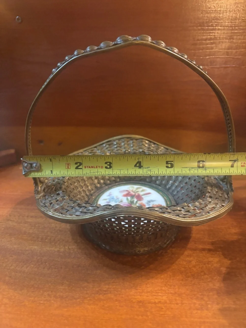 Vintage French Woven Brass Basket with Floral Porcelain Insert - Gold